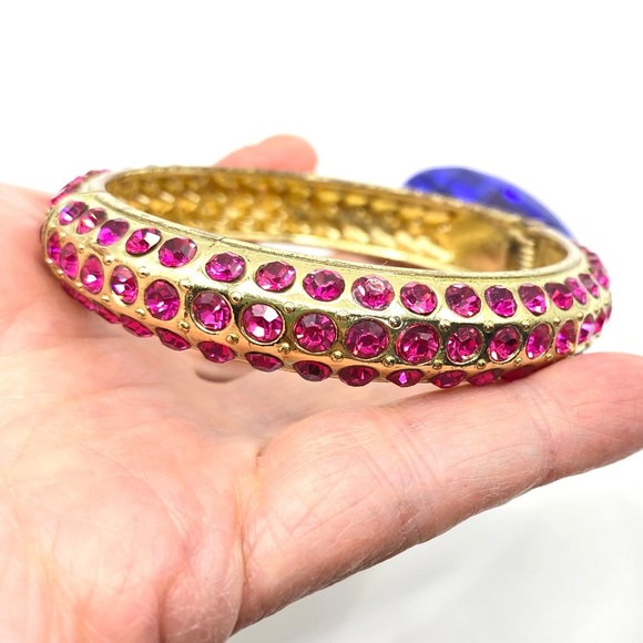 Pink Rhinestones Gold Clamper Style Bangle Bracelet - Picture 1 of 7
